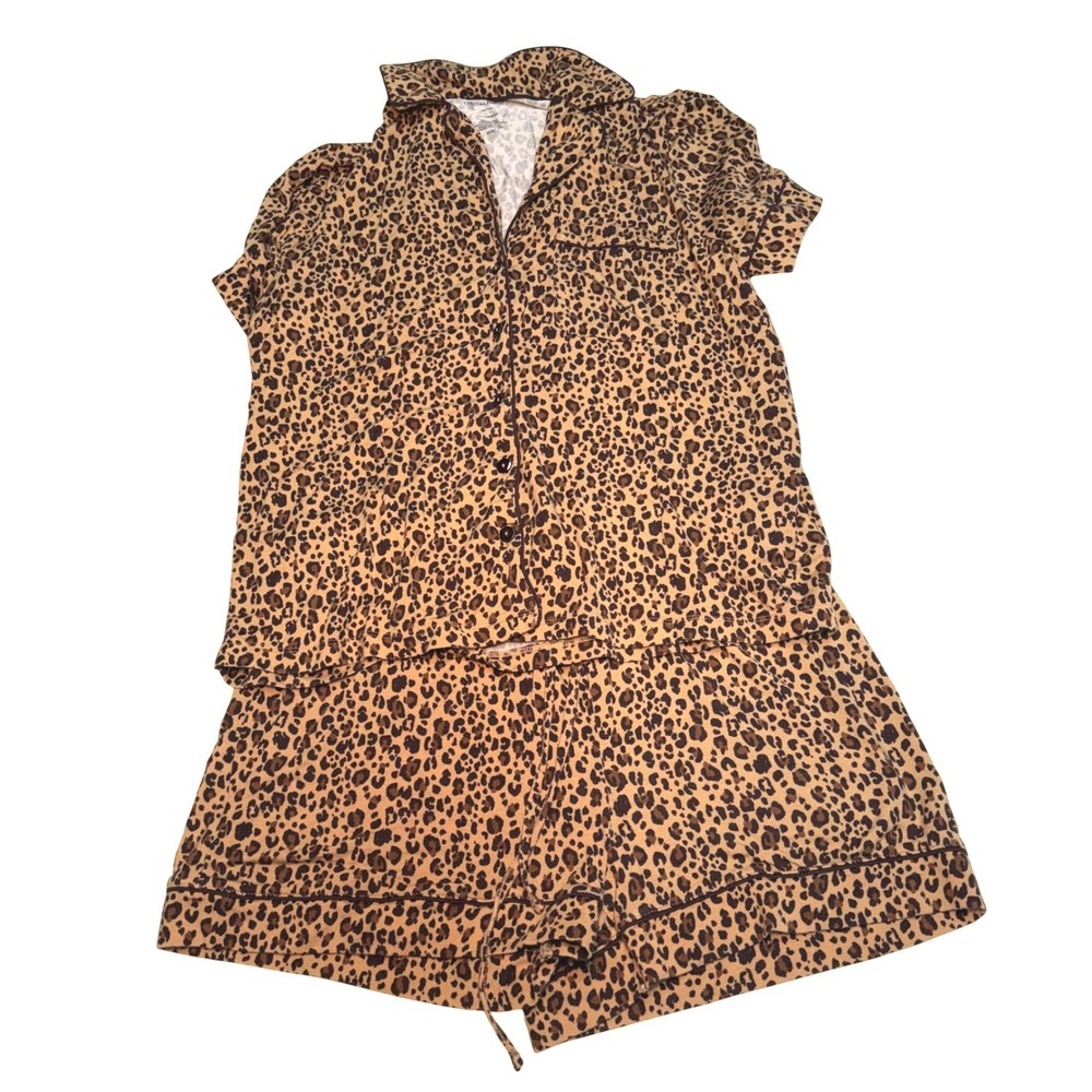 Cynthia Rowley Leopard‎ Print Sleepwear Pajama Set Brown Tan Medium Drawstring